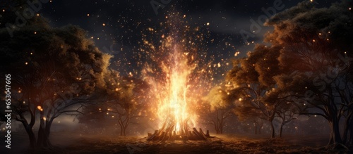 visualization of large bonfire with sparks and particles in front of wooded area and night sky