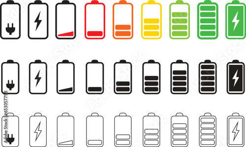 set of vertical flat battery level indicator in percentage. linear Battery indicator symbols. colorful Battery level from 0 to 100 percent isolated on transparent background.
