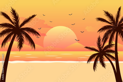 gradient Summer background with sunset and palm trees landscape