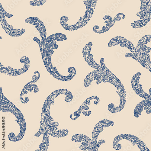 Vector seamless pattern of dark blue embroidered floral swirls on a beige background