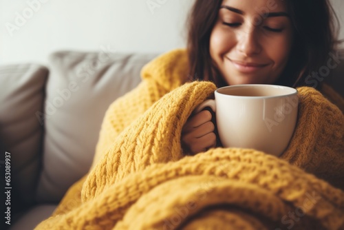 Young woman drinking coffee while sitting under the covers on the couch at home.