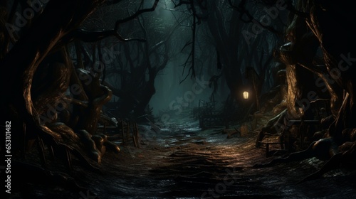 a shadowy, haunted forest path with glowing eyes peering from the darkness,