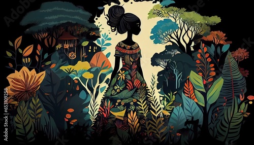 African tribal fairy tale princess in dress at the woodland background. Digital art concept.