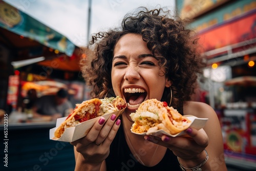 Portrait of a beautiful young woman with curly hair eating fast food outdoors.