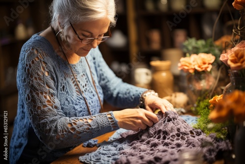 Crochet artisan's hands creating intricate lace edging, Generative AI