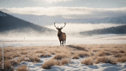 A majestic elk gracefully walking through a winter