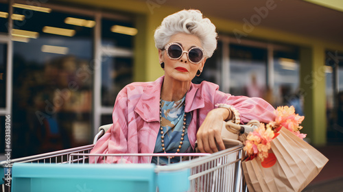 Senior in a shopping cart. Generative AI
