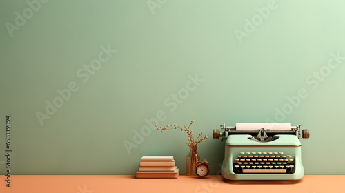 Mint Vintage typewriter on simple and minimalist pastel background with empty space for text
