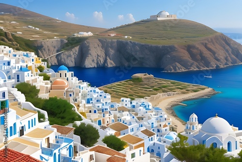 Generate a picturesque view of a Greek island with whitewashed buildings and blue domes. 