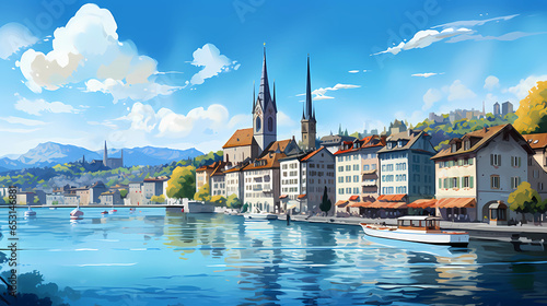 Illustration of beautiful view of the city of Zurich, Switzerland