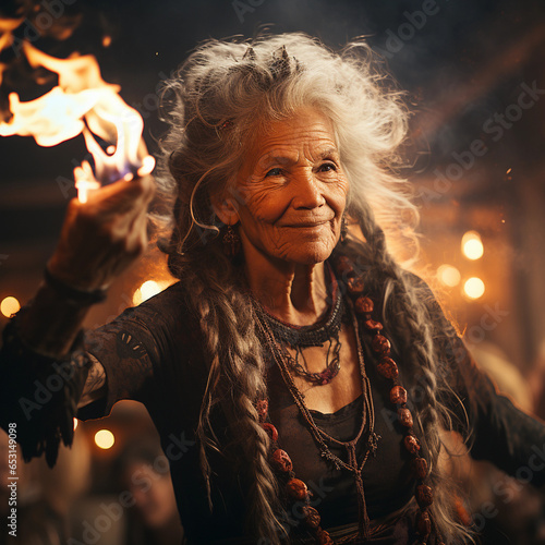 Elder ethnic shamanic woman with fire