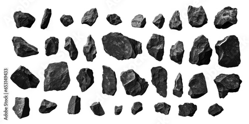 Black rock boulders, isolated background. Transparent PNG.