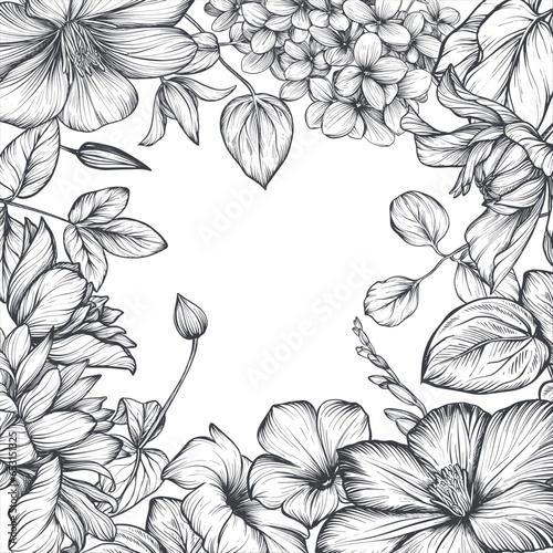 Vector frame with hand drawn blooming garden flowers and leaves.