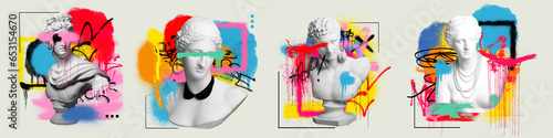 Set of antique statue busts over light background with colorful graffiti art. Street style. Contemporary art collage. Concept of postmodern, creativity, imagination, pop art. Creative design