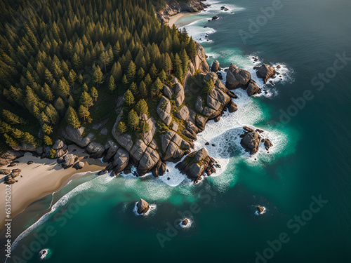 Top view of an ocean coast with forset.