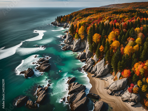 Top view of an ocean coast with forset at autumn.