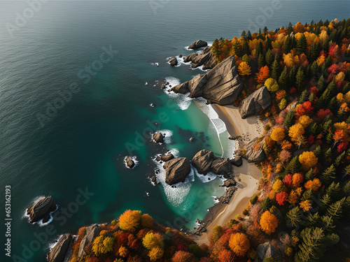 Top view of an ocean coast with forset at autumn.