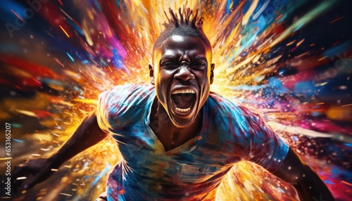 Young african man runs and throws colorful streams of light, expressionistic emotionality, energy of youth, splashes of paint