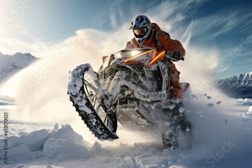 Man on a snowmobile in the mountains. 3d rendering, Extreme rider jumping with a snowmobile on the snow, Face covered with helmet, AI Generated