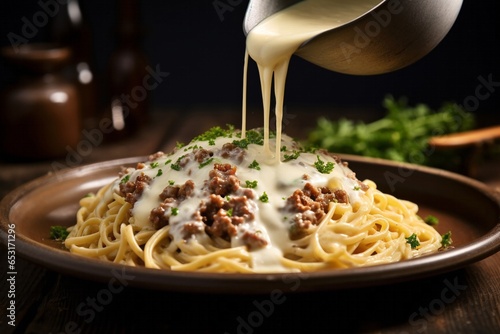 Pouring cheese sauce and spaghetti with meat. AI generated