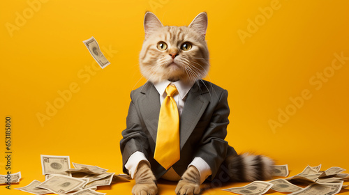 Cool looking rich cat wearing a suit and bright yellow tie, cash notes and yellow background