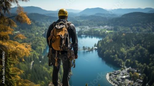 Ausgerüsteter Bergsteiger mit Klettergurt und Rucksack steht an einer Kante vor einer Bergkulisse mit See an einem schönen Sommertag