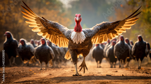 Running, large turkey with its wings spread on the country road. Free range turkey, poultry. Thanksgiving.