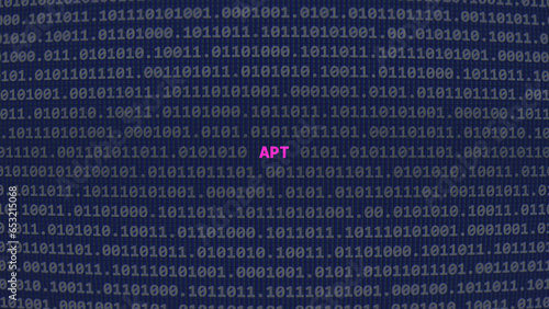 Cyber attack APT vulnerability. Vulnerability of advanced persistent threat, text in binary system ascii art style, code on editor screen. Text in English, English text