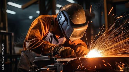 Close-up shot of a factory worker in protective gear operating heavy machinery, creating sparks. Illustrates worker safety in manufacturing industry.