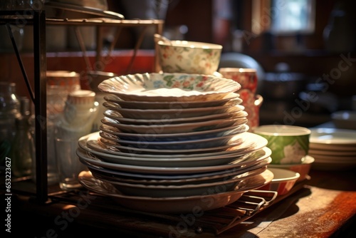 stacked washed dishes on a dish rack