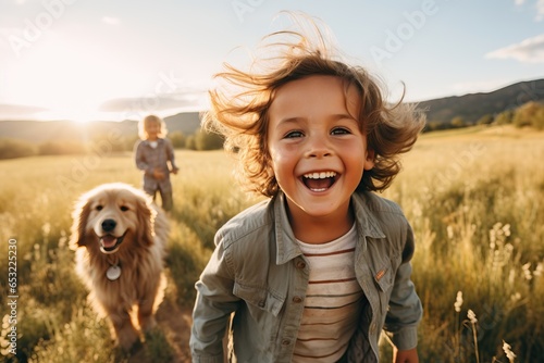 the dog and the children run around the field