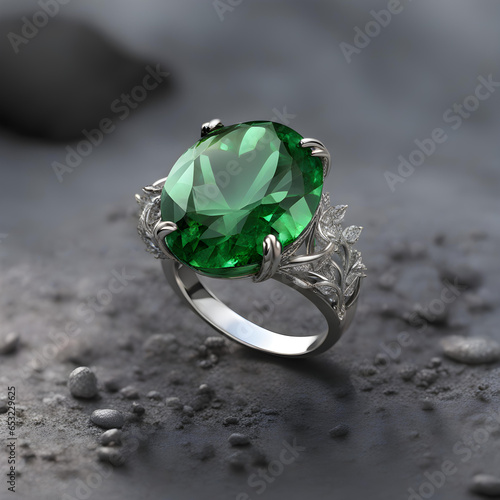 Fashion silver gold or gold ring with a green oval aquamarine stone. Elegant topaz ring for women. Jewelry ring with a precious stone generative ai.