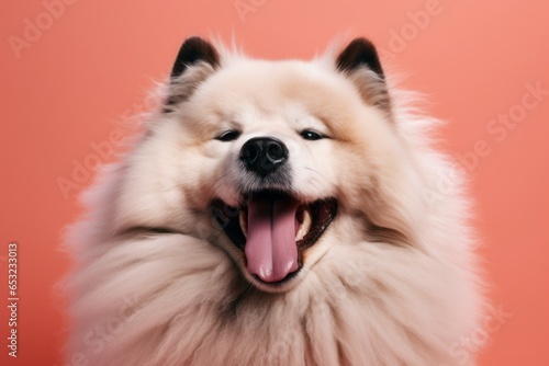 Medium shot portrait photography of a happy akita wearing a lion mane against a coral pink background. With generative AI technology