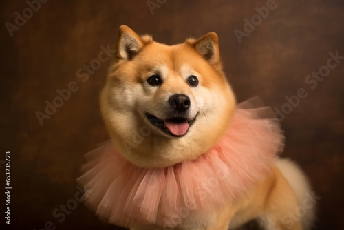 Headshot portrait photography of a funny akita wearing a tutu skirt against a copper brown background. With generative AI technology