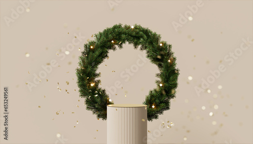 3D podium display. Beige Christmas background for beauty product presentation or text. Green pine wreath with lights and gold confetti. Luxury pedestal showcase round frame. 3D render winter mockup.