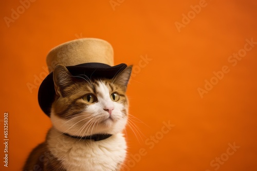 smiling javanese cat wearing a bowler hat over tangerine orange background