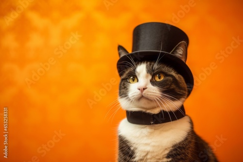 smiling javanese cat wearing a bowler hat over tangerine orange background