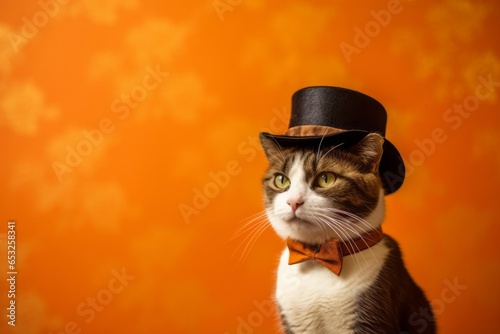 smiling javanese cat wearing a bowler hat isolated on tangerine orange background