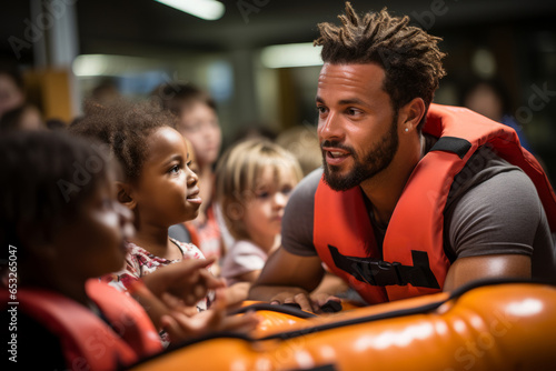 Lifeguard teaching a group of children about water safety, Generative AI