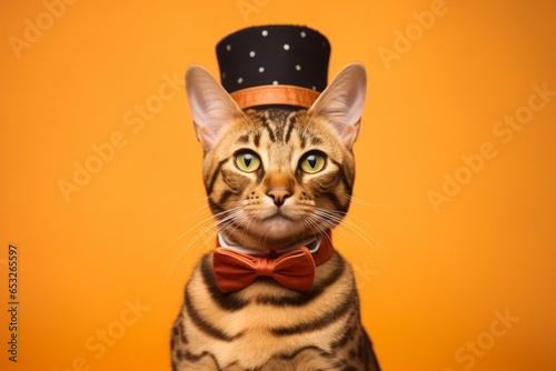 cute ocicat cat wearing a bowler hat over pastel orange background