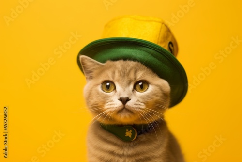 funny munchkin cat wearing a leprechaun hat over yellow background