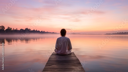 A yogi, captured from behind, sits in a meditative pose beside a tranquil lake. The emerging light of dawn gently reflects on the water's surface, producing gentle ripples. 