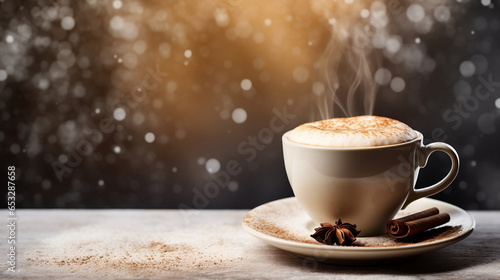 Cup of steaming coffee in a hygge atmosphere of a winter day. White mug of coffee on a table with a bokeh background. Banner with copy space.