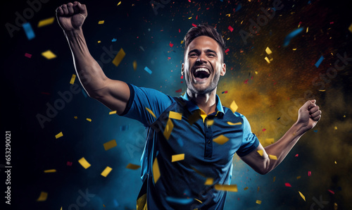 Euphoric Sports Fan Celebrating Victory with Confetti Explosion