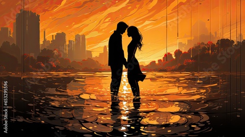 Sylwetki pary zakochanych o zachodzie słońca. 
