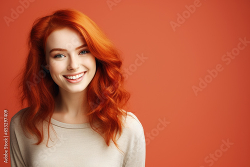 A woman with bright red hair smiling at the camera. This picture can be used to represent happiness, confidence, and individuality.