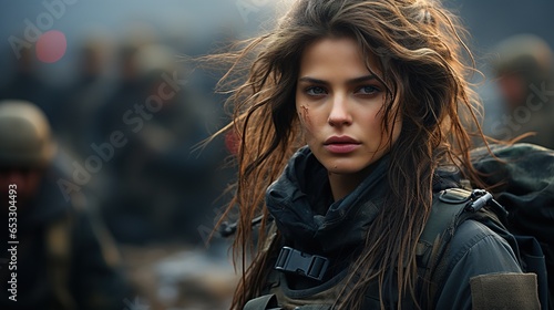 A girl in military operations. A ruined building in the background.