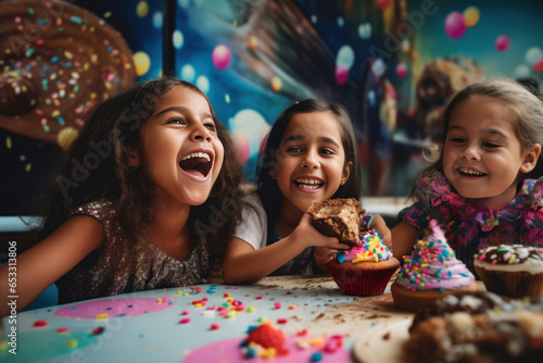 A group of children or friends having fun while adding colorful icing, sprinkles, and other toppings to their homemade chocolate cookies, set against a playful, creative backdrop. Generative Ai