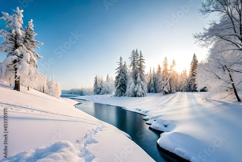 Beautiful winter landscape background. Path in the snowy forest. Snow-covered trees against the blue sky. The nature of Siberia. Freezing day. Suburb of Krasnoyarsk