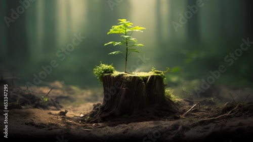 A young, vibrant tree sprouting from the center of an old, weathered tree stump, symbolizing resilience, rebirth, and the cyclical nature of life. Environmental conservation and sustainability.